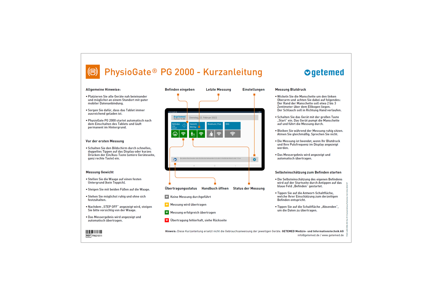 Kurzanleitung DE für PhysioGate® PG 2000 für inCareNet HF